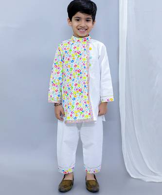 White multicolor printed cotton father son kurta combo set 3