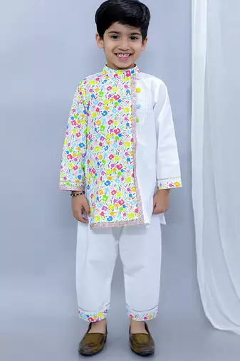 White multicolor printed cotton father son kurta combo set