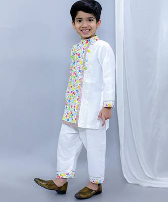 White multicolor printed cotton father son kurta combo set 4
