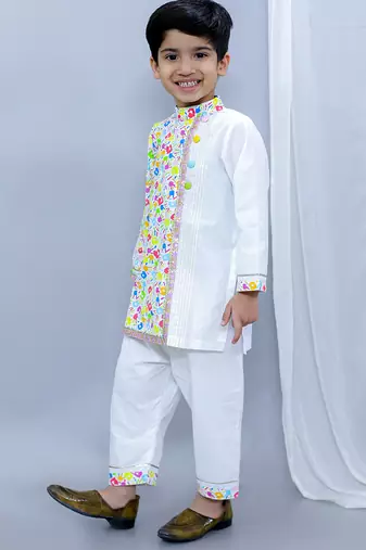 White multicolor printed cotton father son kurta combo set