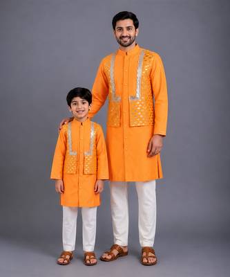 Orange embroidered cotton silk father son kurta combo set 1