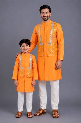 Orange embroidered cotton silk father son kurta combo set