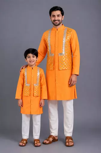 Orange embroidered cotton silk father son kurta combo set