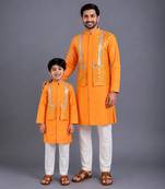 Orange embroidered cotton silk father son kurta combo set