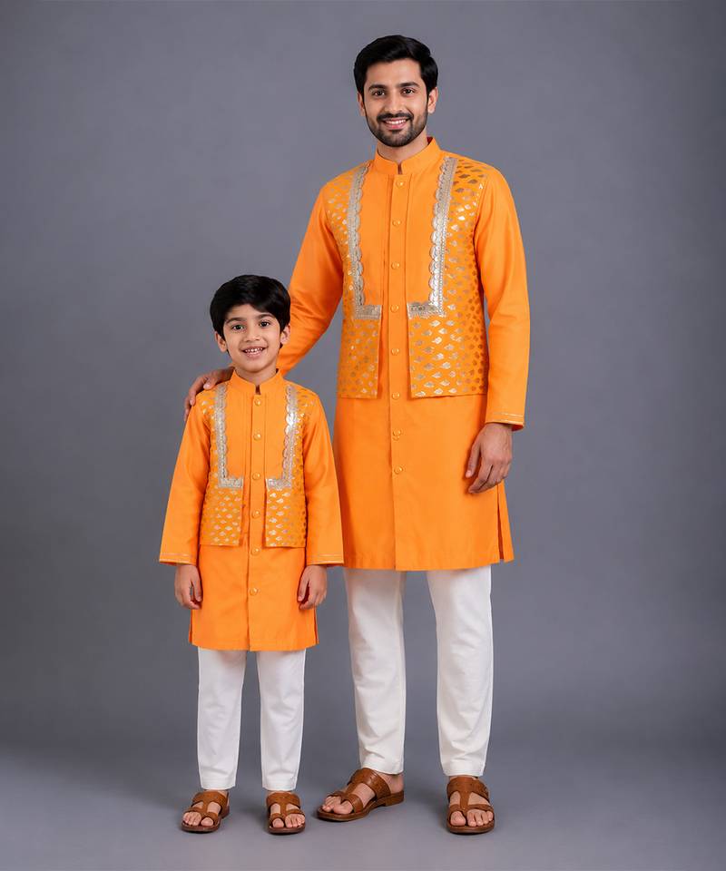 Orange embroidered cotton silk father son kurta combo set