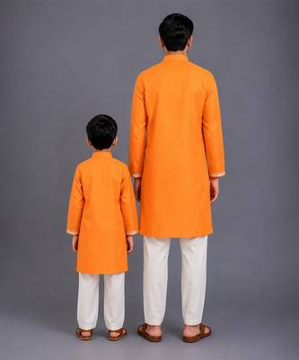 Orange embroidered cotton silk father son kurta combo set 2