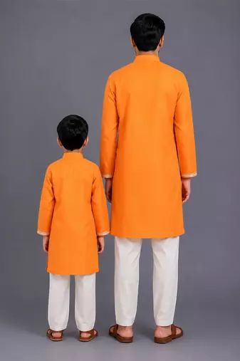 Orange embroidered cotton silk father son kurta combo set