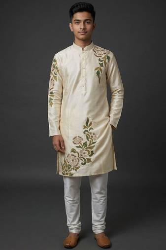 Cream silk kurta set for men's