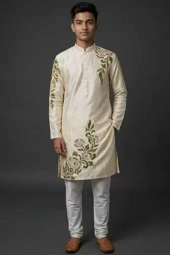 Cream silk kurta set for men's