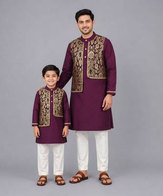 Royal purple brocade cotton silk father son kurta combo set 1