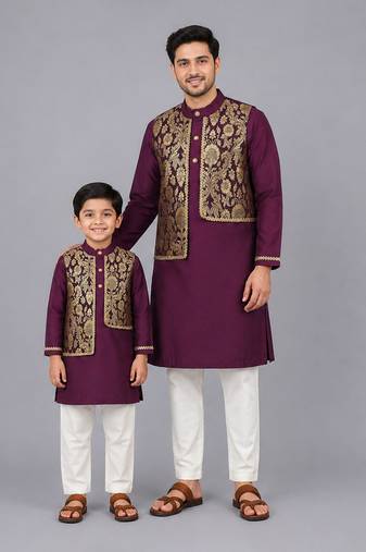 Royal purple brocade cotton silk father son kurta combo set