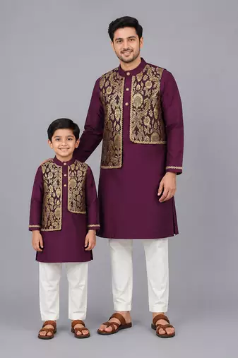 Royal purple brocade cotton silk father son kurta combo set