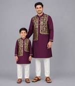 Royal purple brocade cotton silk father son kurta combo set