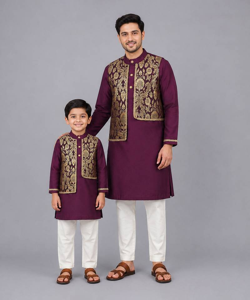 Royal purple brocade cotton silk father son kurta combo set