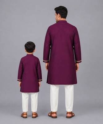 Royal purple brocade cotton silk father son kurta combo set 2