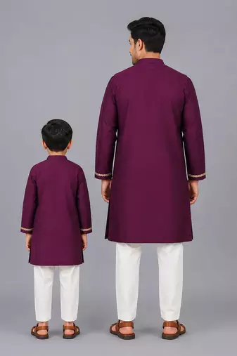 Royal purple brocade cotton silk father son kurta combo set