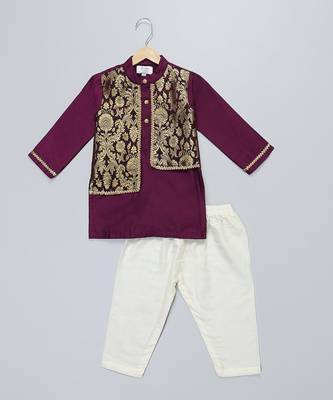 Royal purple brocade cotton silk father son kurta combo set 3
