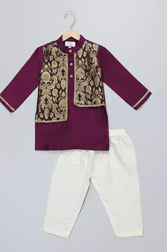 Royal purple brocade cotton silk father son kurta combo set