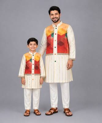 Off white multicolor printed cotton silk father son kurta combo set 1
