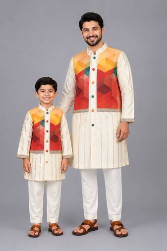 Off white multicolor printed cotton silk father son kurta combo set