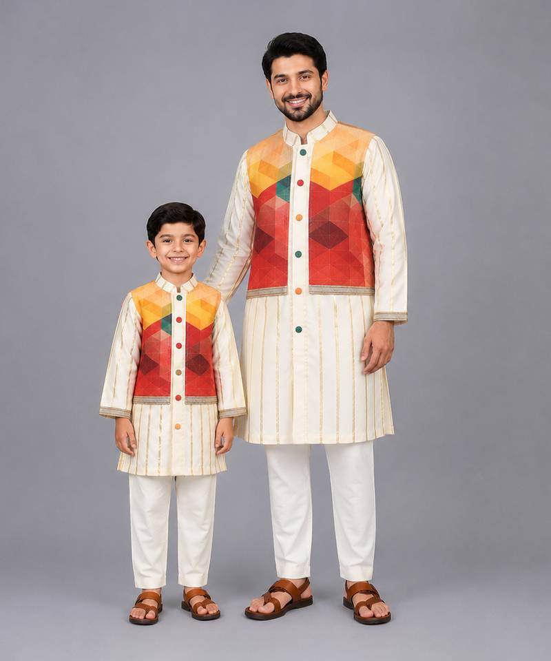 Off white multicolor printed cotton silk father son kurta combo set