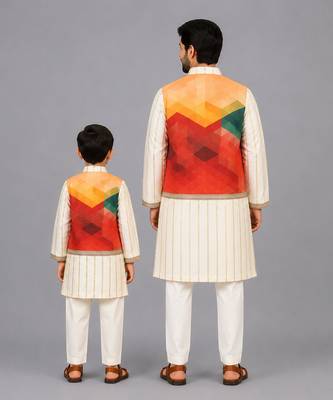 Off white multicolor printed cotton silk father son kurta combo set 2