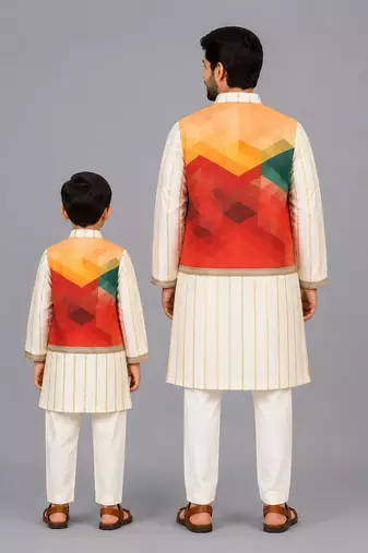 Off white multicolor printed cotton silk father son kurta combo set
