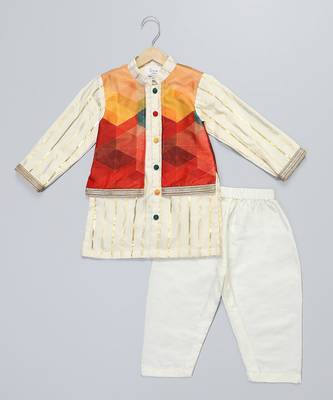 Off white multicolor printed cotton silk father son kurta combo set 3