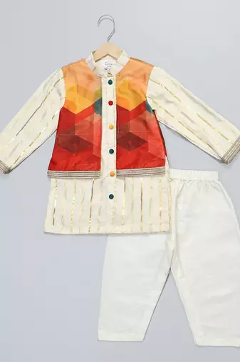 Off white multicolor printed cotton silk father son kurta combo set