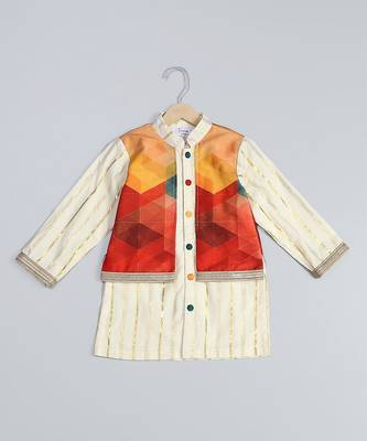 Off white multicolor printed cotton silk father son kurta combo set 4