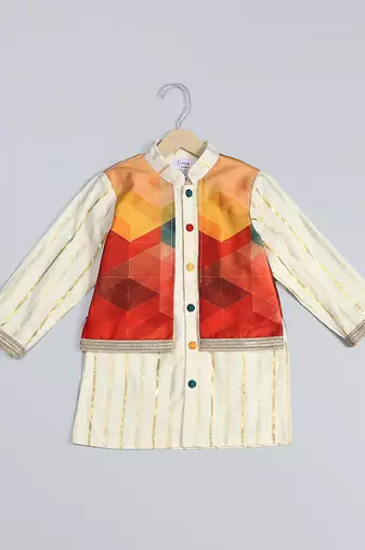 Off white multicolor printed cotton silk father son kurta combo set