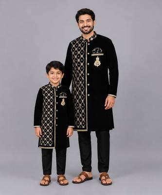 Black embroidered velvet father son kurta combo set 1