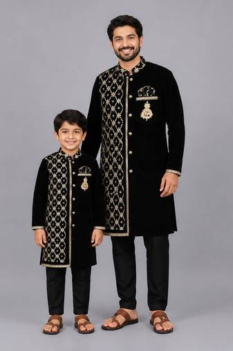 Black embroidered velvet father son kurta combo set