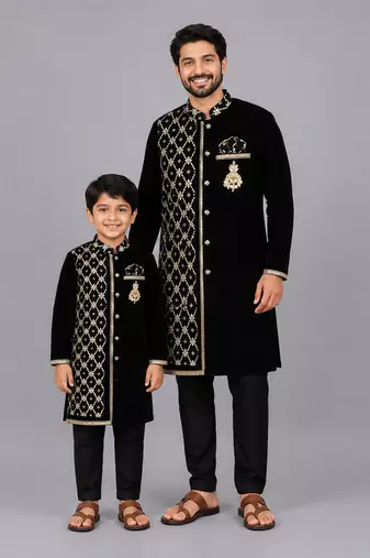 Black embroidered velvet father son kurta combo set