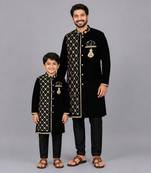 Black embroidered velvet father son kurta combo set