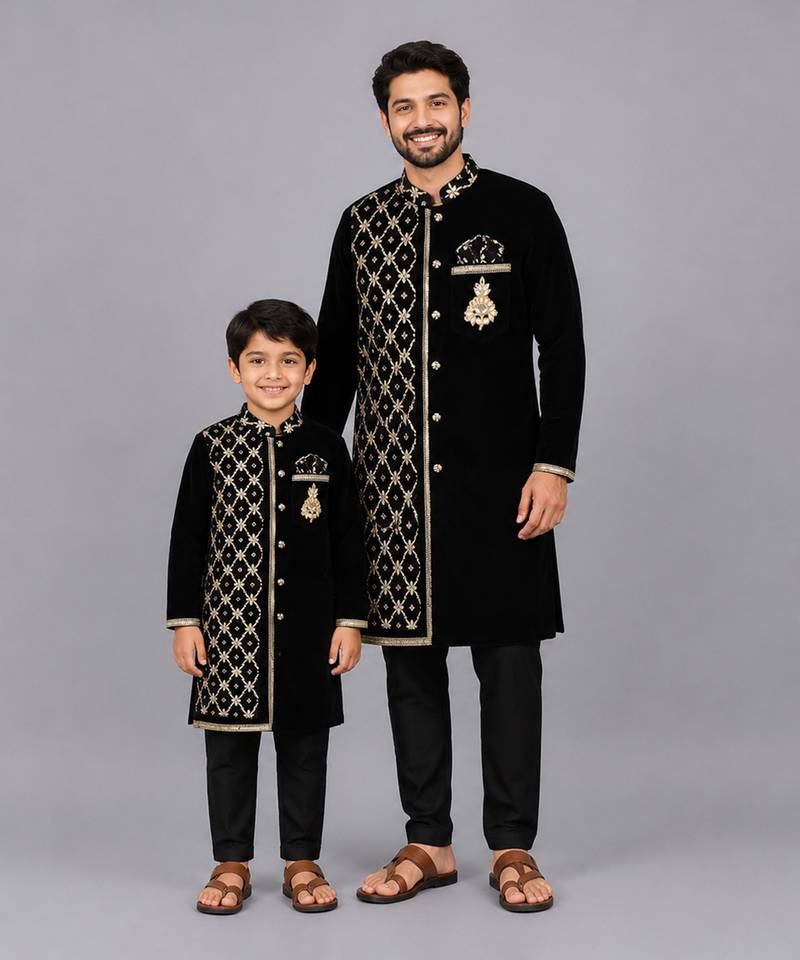 Black embroidered velvet father son kurta combo set