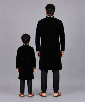 Black embroidered velvet father son kurta combo set 2