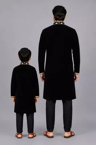 Black embroidered velvet father son kurta combo set