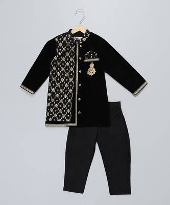 Black embroidered velvet father son kurta combo set 3