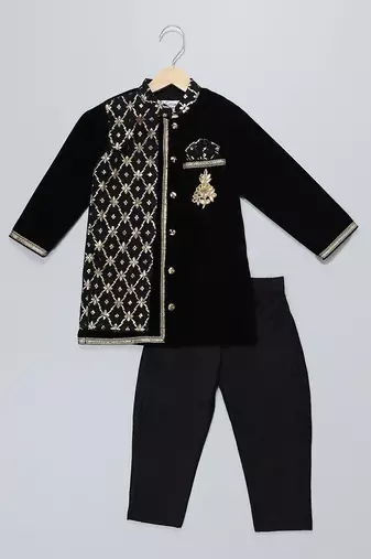 Black embroidered velvet father son kurta combo set