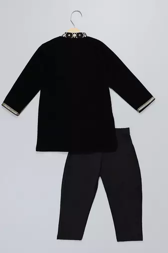 Black embroidered velvet father son kurta combo set