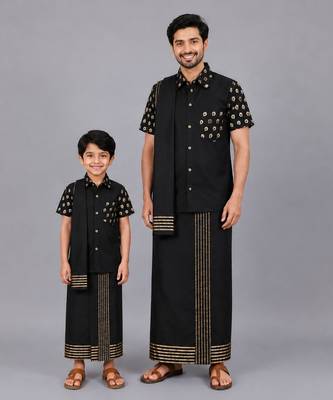 Black printed cotton silk father son mundu combo set 1