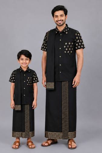 Black printed cotton silk father son mundu combo set