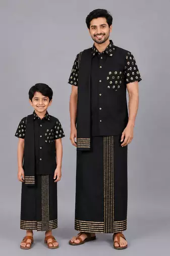 Black printed cotton silk father son mundu combo set