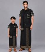 Black printed cotton silk father son mundu combo set