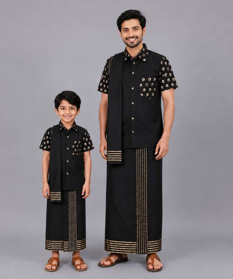 Black printed cotton silk father son mundu combo set