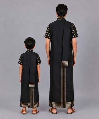 Black printed cotton silk father son mundu combo set 2