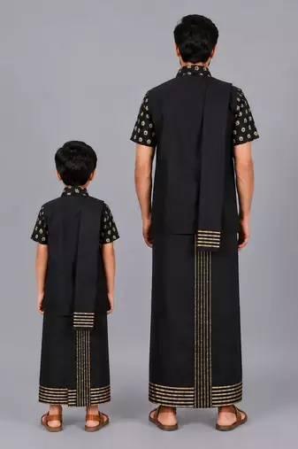 Black printed cotton silk father son mundu combo set
