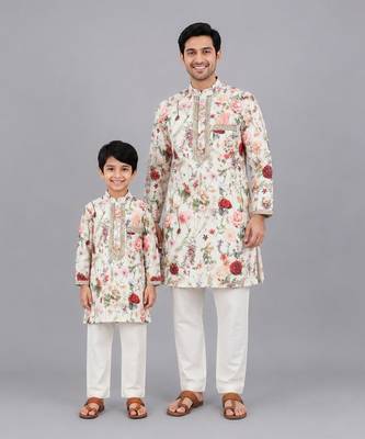 Multicolor printed cotton silk father son kurta combo set 1