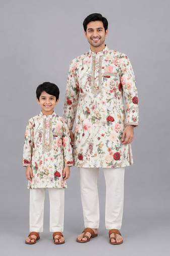 Multicolor printed cotton silk father son kurta combo set